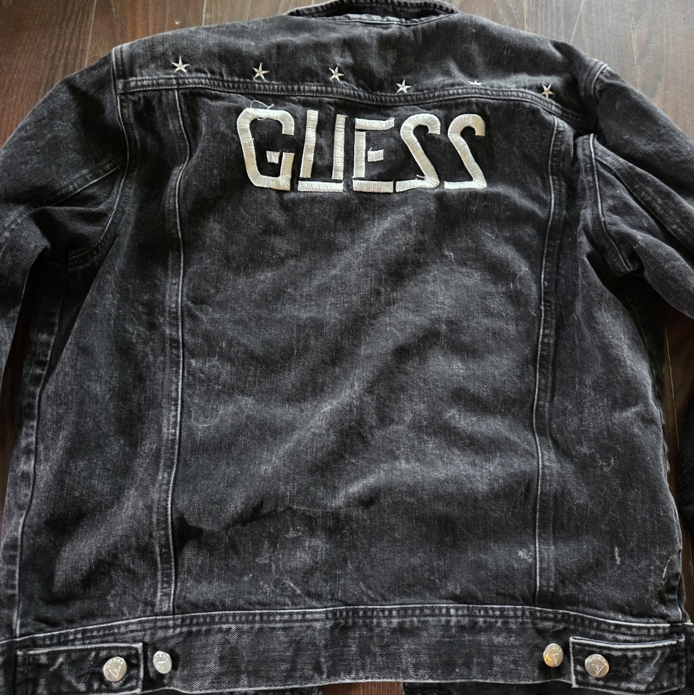 Guess Charcoal Denim Jacket with Logo Distressed Look